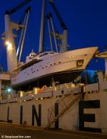 ID 8554 A large motor launch, securely lashed aboard a Rickmers Line vessel, prior to sailing from 44-berth, Southampton, UK.